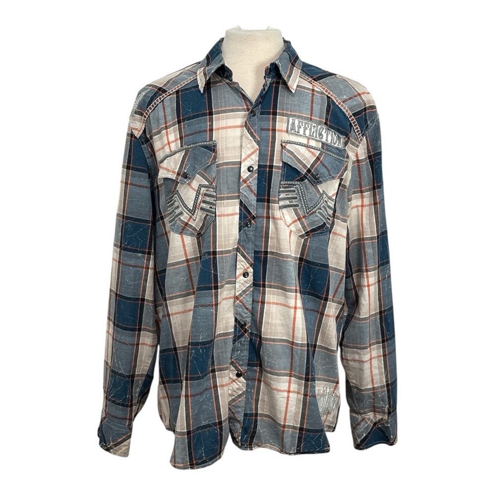 Affliction Black Premium Mens 2XL Large Long Sleeve Blue Plaid Shirt Pearl Snaps